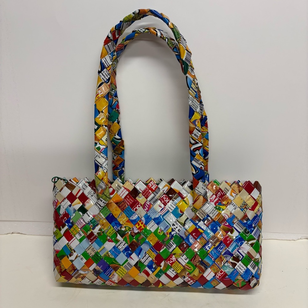 Recycled candy wrapper purse zip closure wearable art Colorful